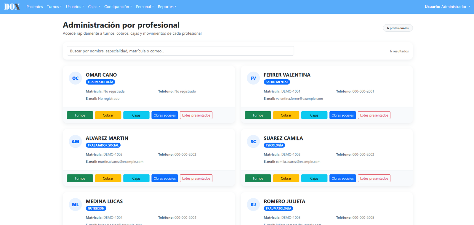 Administración de profesionales